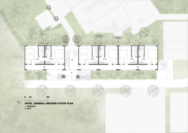 Ground floor plan drawing depicting a linear arrangement of rooms with central corridor and planted courtyards