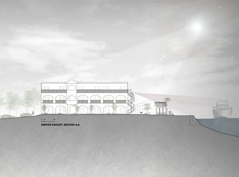 Section drawing showing a three-story building with arched openings descending toward the waterfront under overcast skies