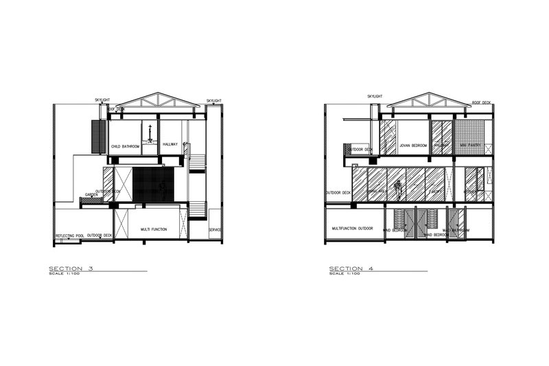 Section drawings showing exposed truss roofs over classroom and bedroom levels with outdoor deck spaces