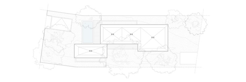Roof plan drawing showing three flat roof sections and pool beneath tree canopy outlines