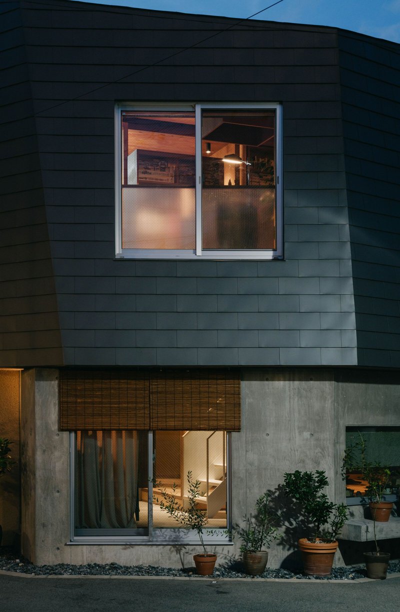Facade with dark fiber-cement cladding over concrete base and potted plants at twilight