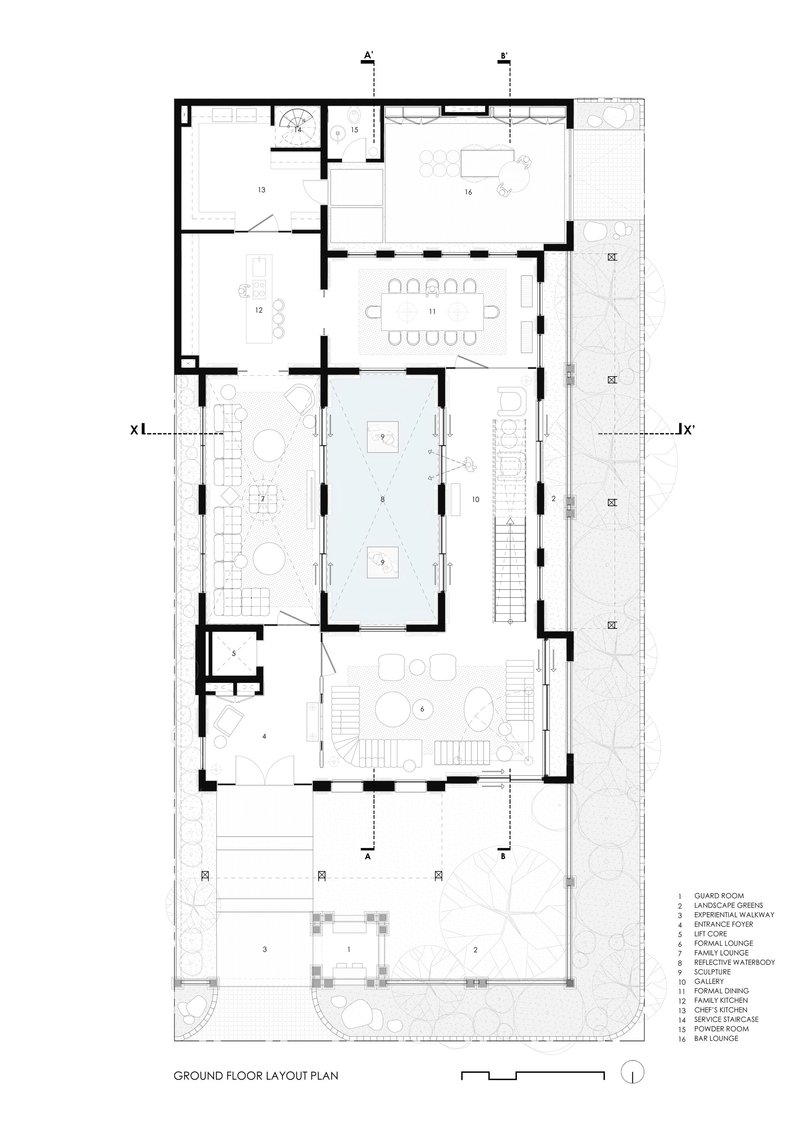 Ground floor layout plan showing central pool, dining spaces, and surrounding outdoor terraces