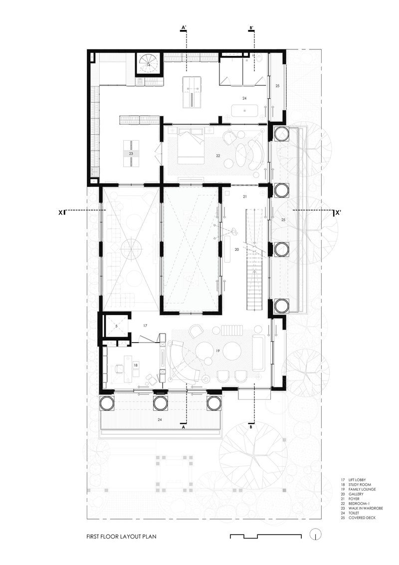 First floor layout plan showing bedroom suites, central staircase, and covered outdoor deck