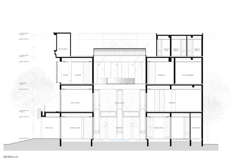Section drawing through the multi-story residence revealing room heights and interior spatial relationships