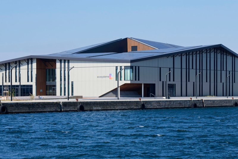 Waterfront facade with vertical metal fins and clerestory timber volume under a clear sky