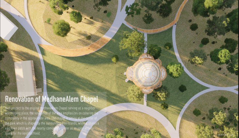Aerial masterplan showing chapel at the center of interconnected tree islands and pedestrian pathways.
