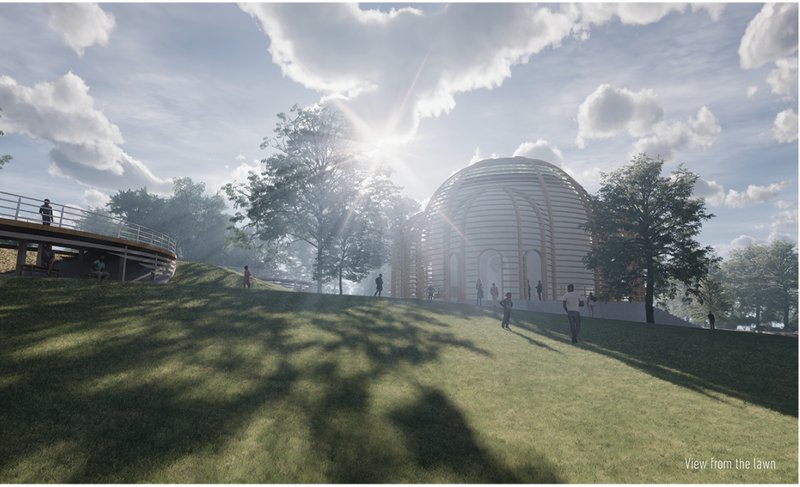 Chapel emerging from the landscape, capturing light and shadow across the open lawn.