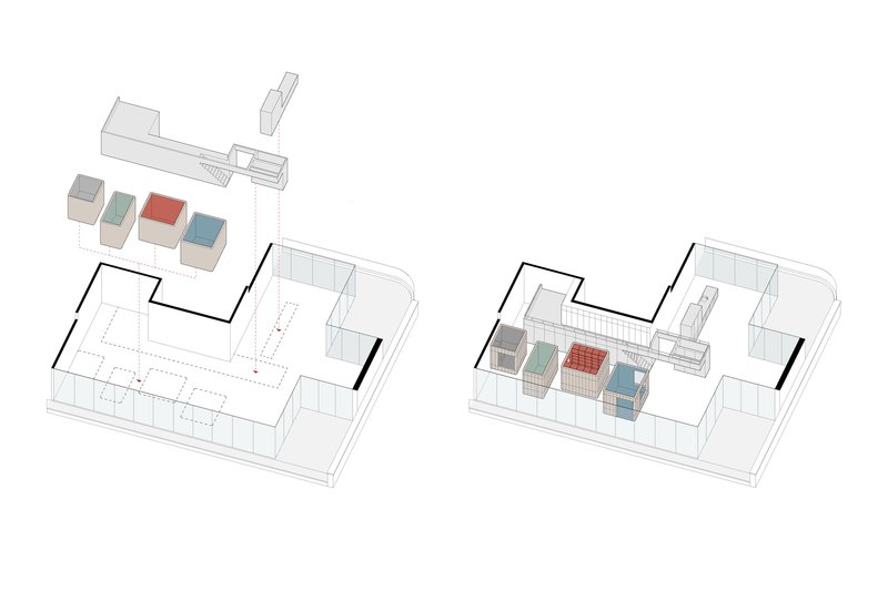 Axonometric diagrams illustrating spatial organization with colored volume insertions within the roof perimeter