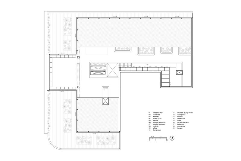 Floor plan showing an L-shaped layout with central staircase and surrounding planted beds