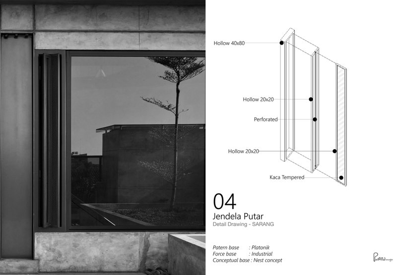 Photograph and exploded axonometric drawing of a window assembly with hollow steel frames and tempered glass