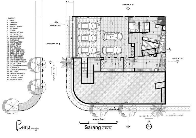 Ground floor plan drawing showing garage, carport, entry spaces and landscaping with trees