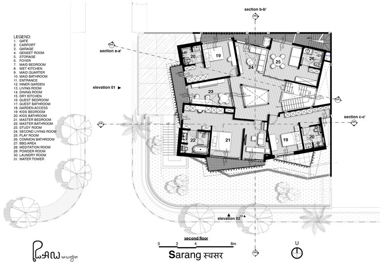Second floor plan drawing showing bedroom suites, bathrooms and circulation around a central staircase