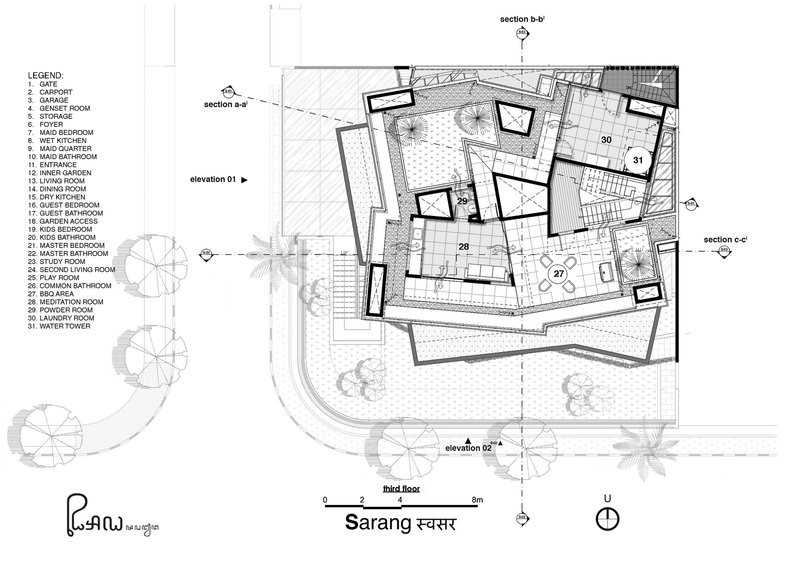 Floor plan drawing showing an angular residence with courtyards and surrounding landscaped areas