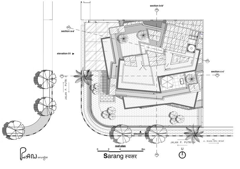 Roof plan drawing showing angled volumes with varied surface treatments and spiral staircases