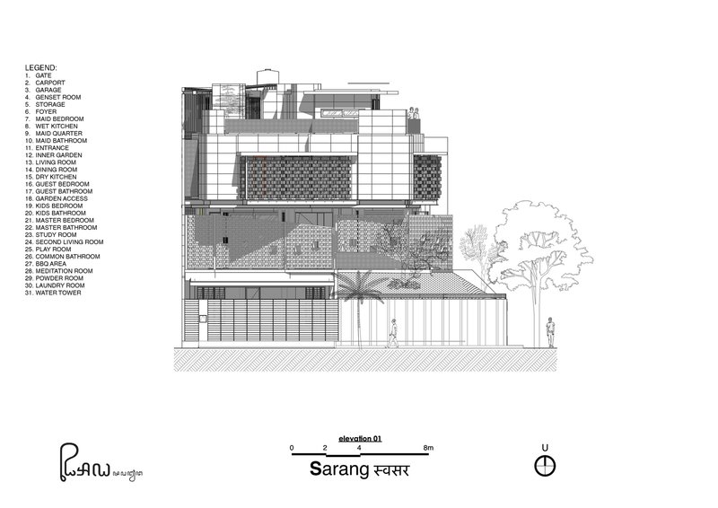 Elevation drawing showing layered facade with patterned screens and flanking palm and tree