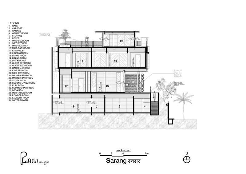 Section drawing showing a multi-level residence with numbered rooms and a tree beside the structure