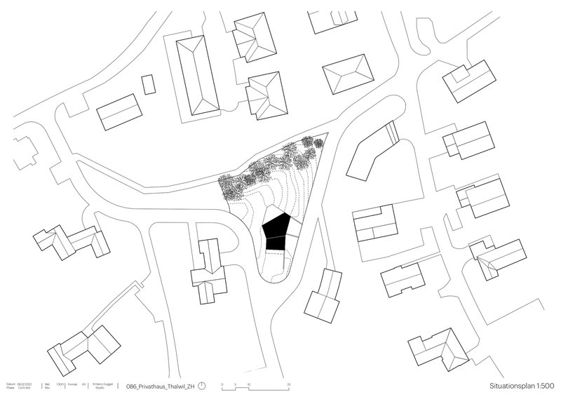 Site plan showing residential building footprint amid curved roads and neighboring structures with landscaping indicated