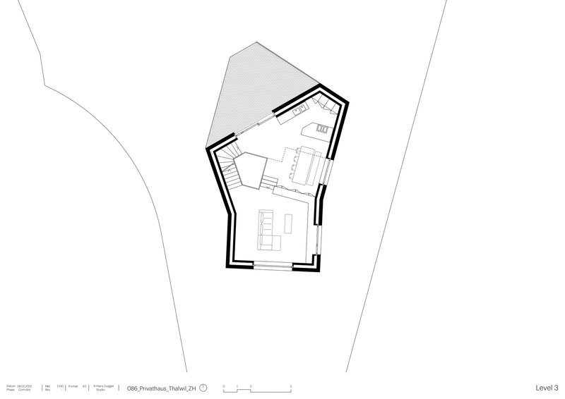 Floor plan drawing showing an angular pentagonal volume with terrace and interior stair
