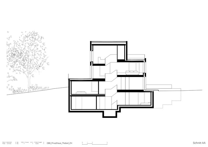 Section drawing showing stacked levels cascading down the slope with a tree at left