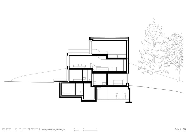 Section drawing revealing the split-level interior volumes stepping down the hillside with trees flanking
