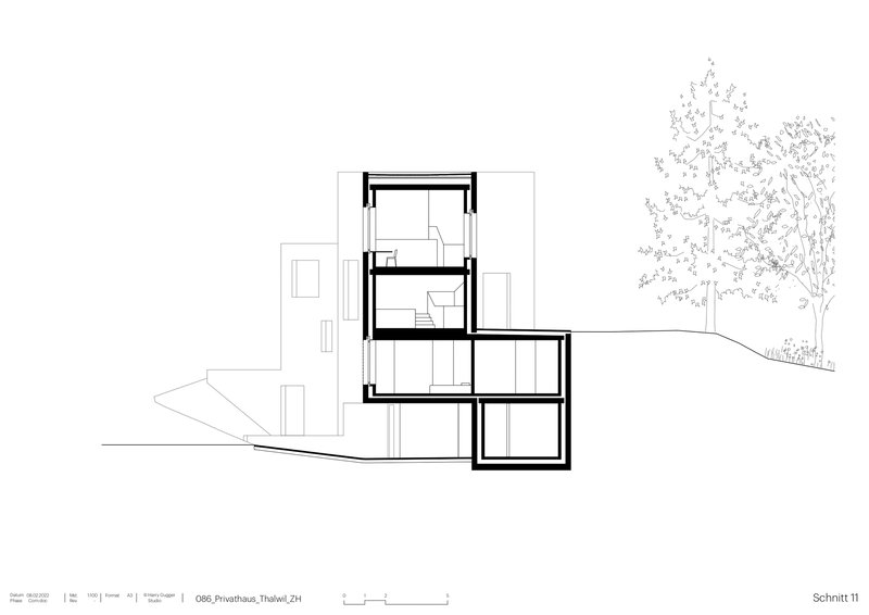 Section drawing showing the cantilevered stacked volumes against the sloping terrain with trees at right