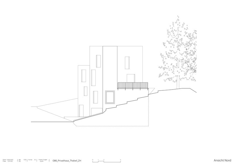Elevation drawing showing the northern facade with vertical window patterns and a sketched tree beside the building
