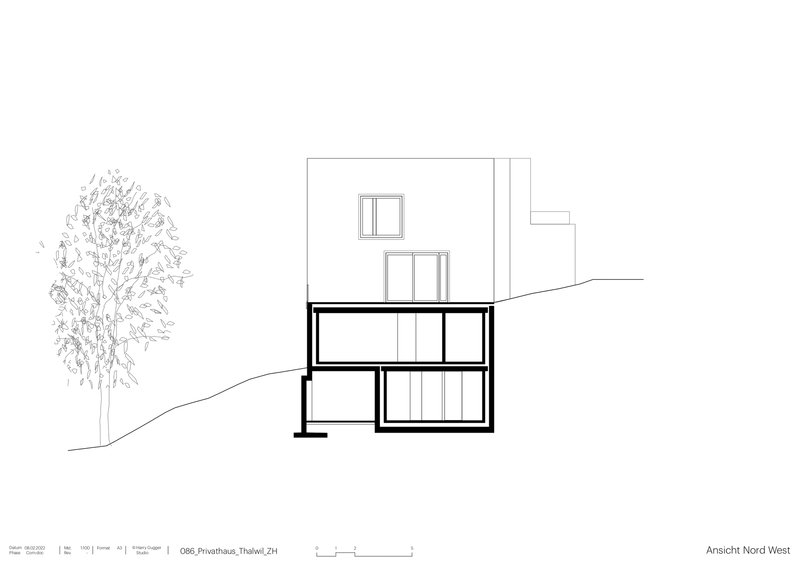 Elevation drawing showing the northwestern facade with split-level interior spaces and a sketched deciduous tree
