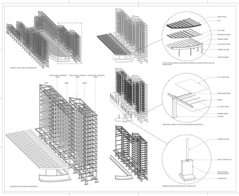 Structural axonometric revealing the modular timber framework system
