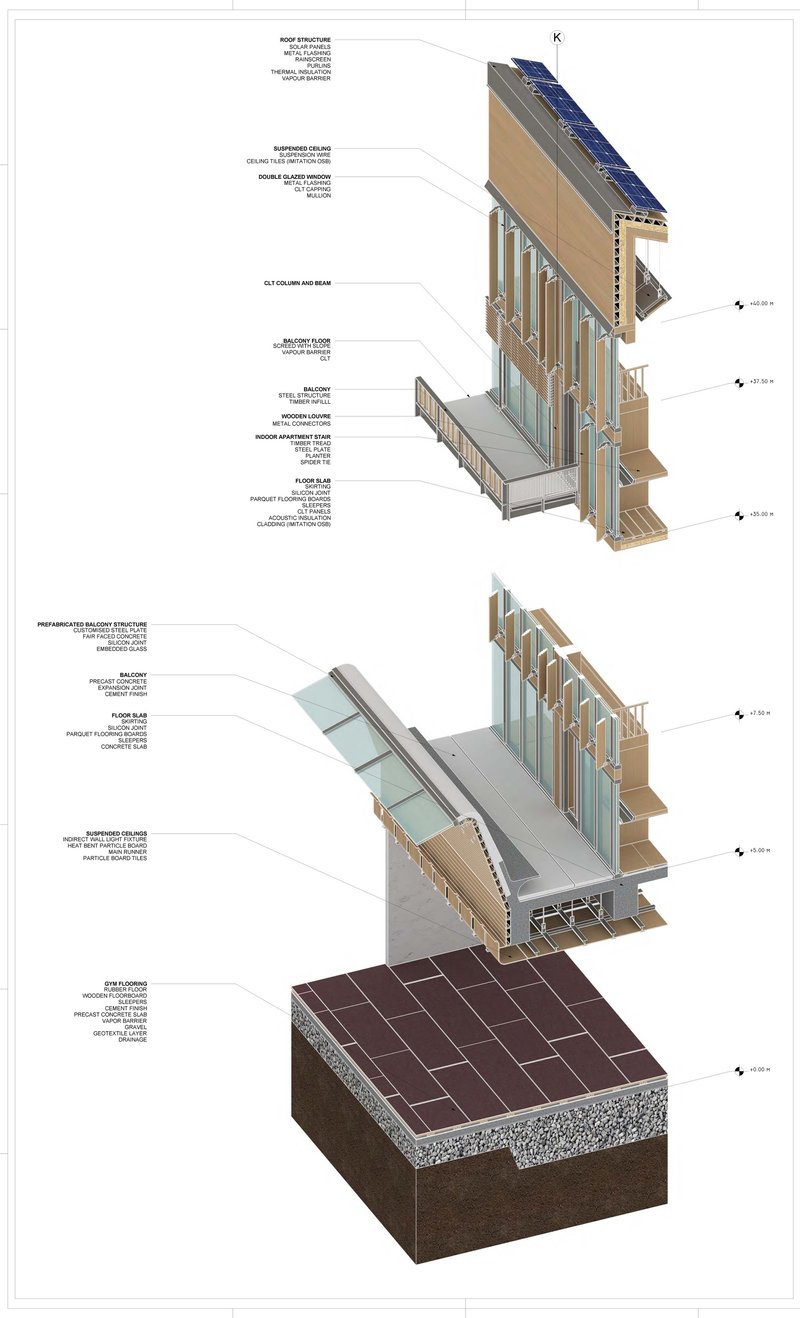 Detailed section illustrating layered timber construction and energy systems