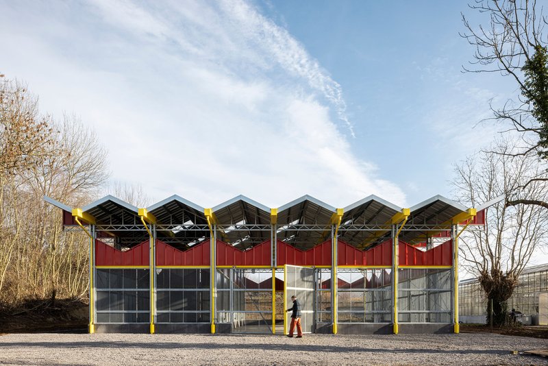 Facade with repeating sawtooth roof bays supported by yellow steel columns with red panels and glazing below
