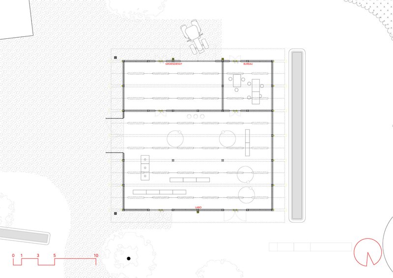 Floor plan drawing showing the interior layout with circulation zones and seating areas