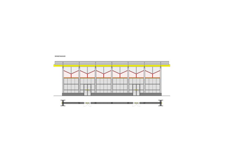 Elevation drawing showing the mesh facade with triangular roof trusses and yellow accent band