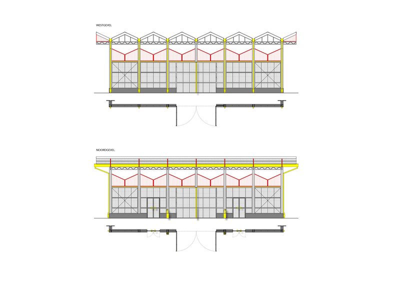 Section drawings showing the sawtooth roof structure and facade system from multiple orientations