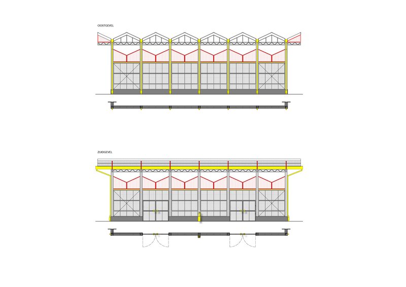 Elevation drawings showing a glass-walled structure with yellow columns and repeating zigzag roof trusses