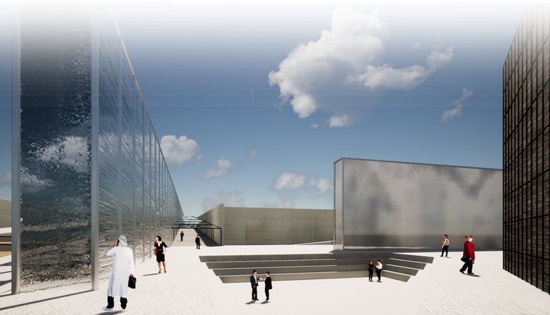 Reflective water wall simulating rising sea levels through immersive architectural experience