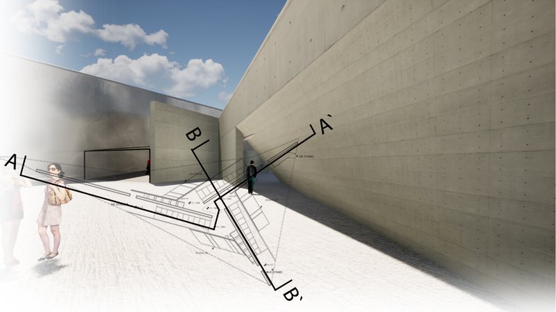 Angular concrete thresholds directing movement through intersecting exhibition axes