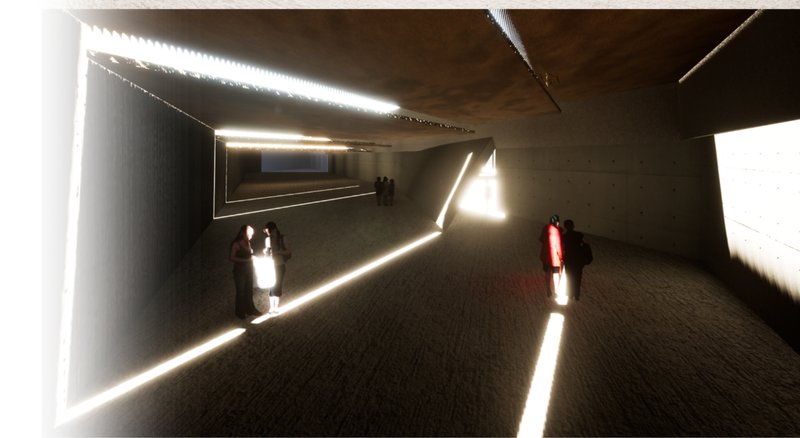 Subterranean corridor with sharp light cuts guiding a controlled, introspective journey