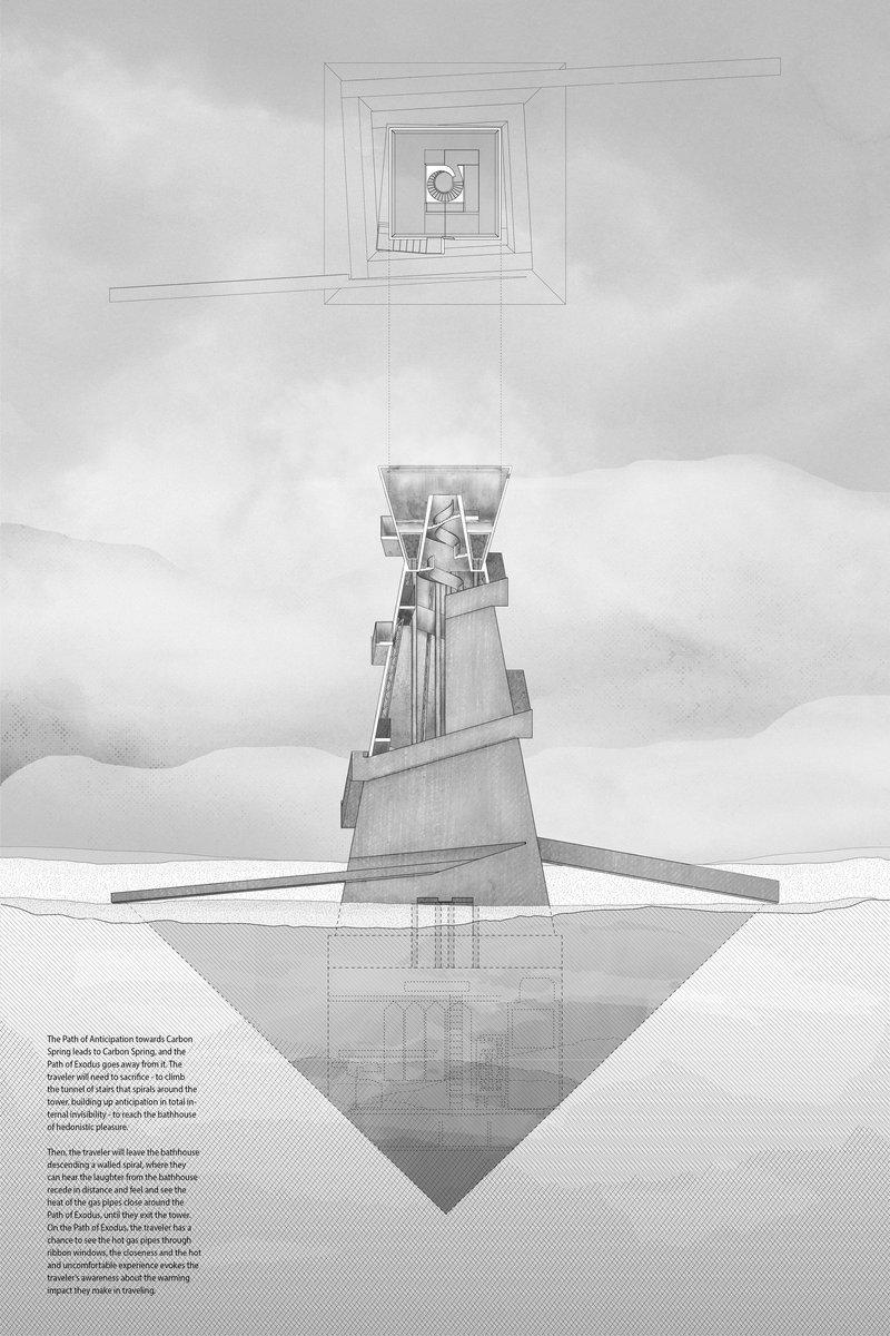 A system of heat, carbon, and ritual unfolds through a layered architectural sequence.