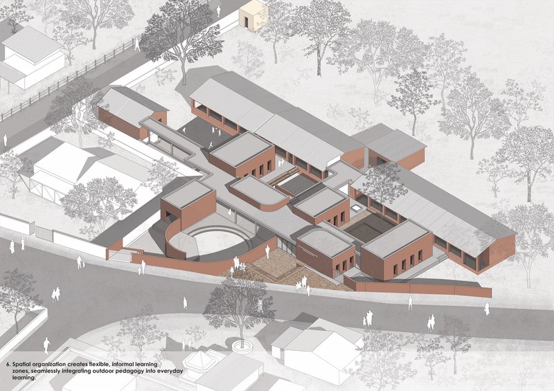 Axonometric drawing depicting red brick volumes with courtyards and people walking along the street edge