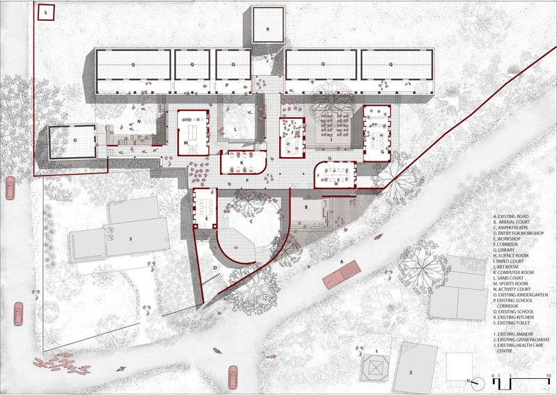 Site plan drawing showing campus buildings with red circulation paths winding through courtyards and scattered trees