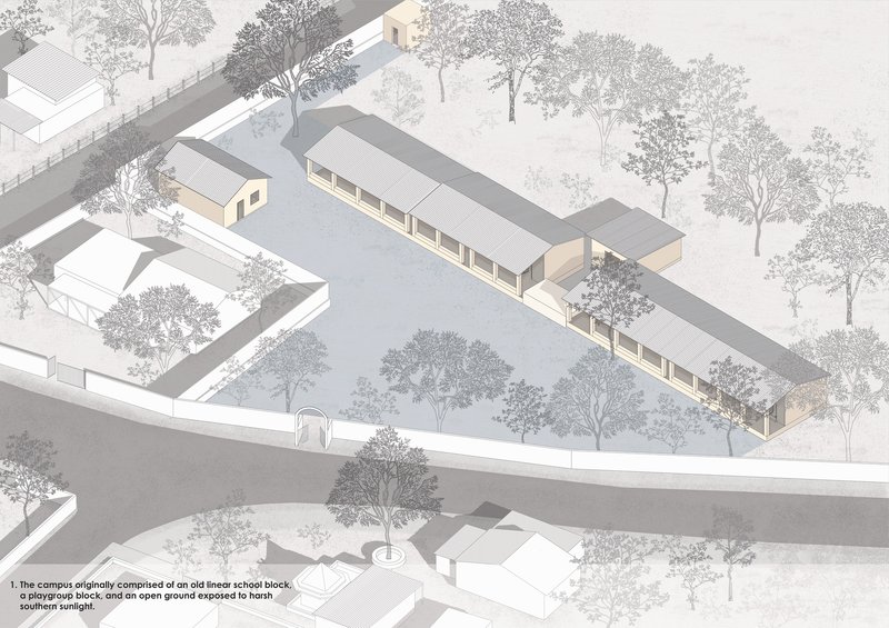 Axonometric drawing showing linear school building with corrugated roof between tree-lined roads and adjacent structures