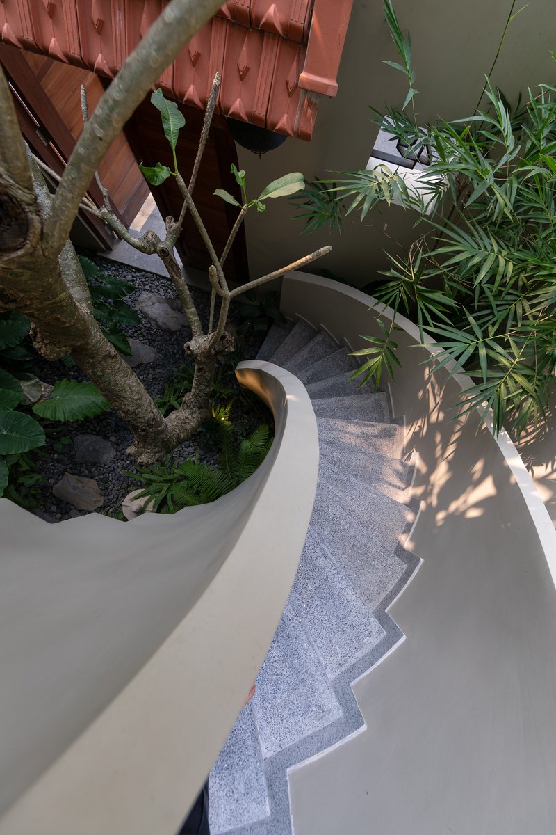 Top-down view of the curved terrazzo staircase descending around a planted courtyard with dappled sunlight