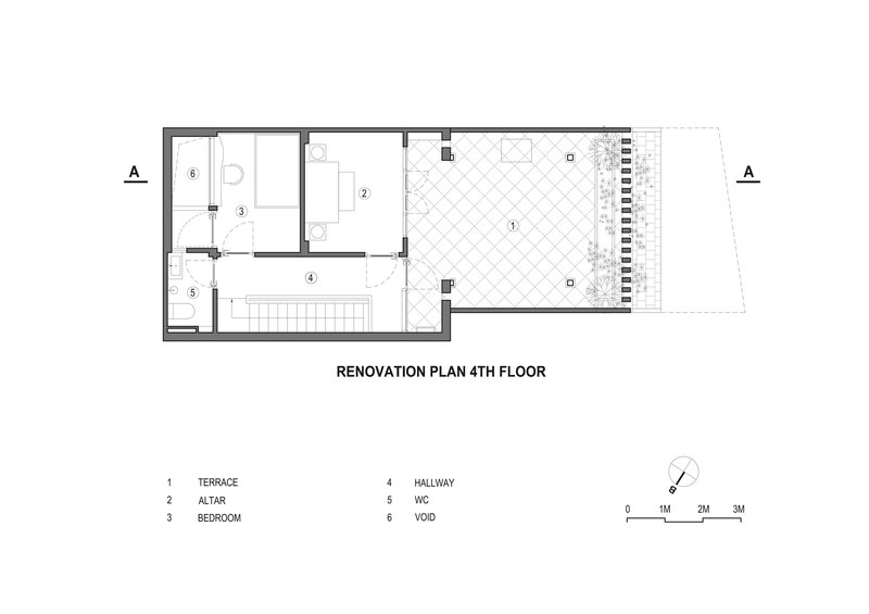 Fourth floor plan showing bedroom and terrace with diagonal paving pattern
