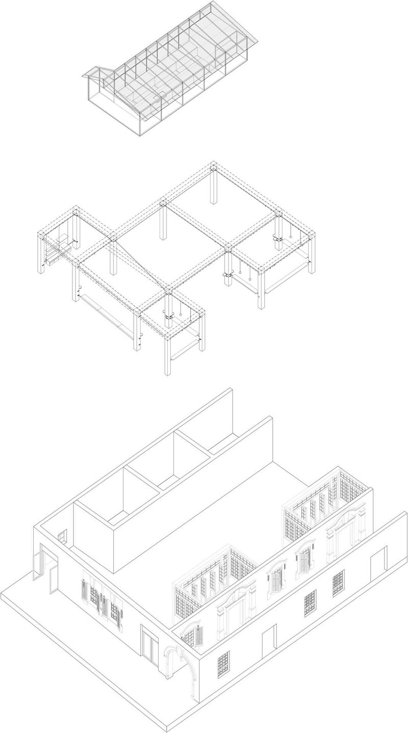 Axonometric drawing sequence showing roof structure, floor plan organization, and volumetric envelope with openings