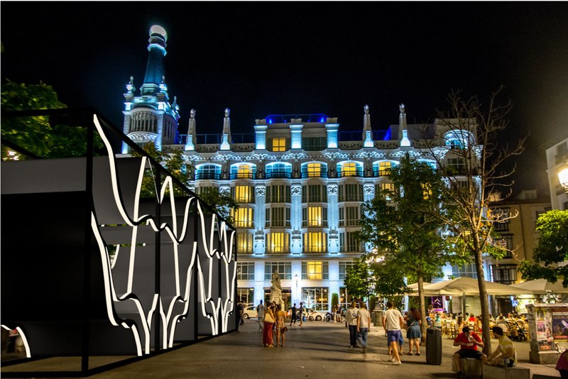Illuminated modular structures activate the city at night, creating immersive spaces for art, gathering, and performance.