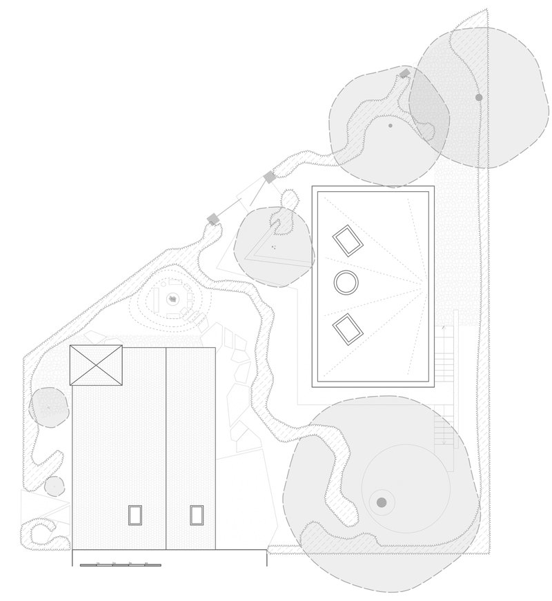Roof plan drawing showing two rectangular structures with pyramidal and flat roofs within a topographic landscape