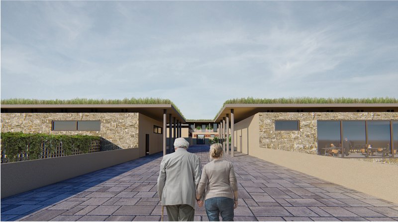 Central pedestrian axis connecting volumes in a village-like layout