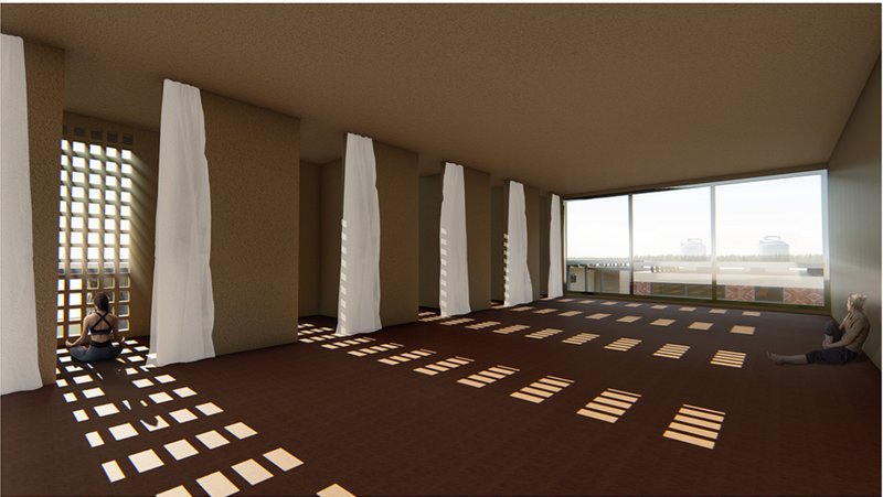 Interior wellness area defined by light, shadow, and rhythmic columns