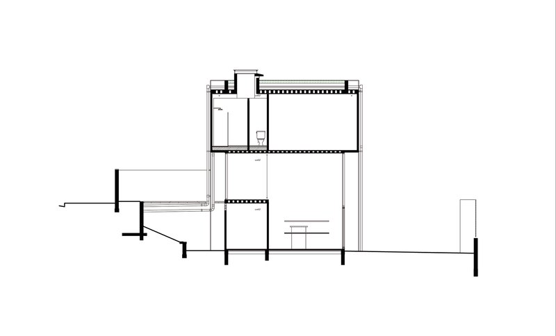 Section drawing showing three-story volume with stair connecting levels and exterior terrace element