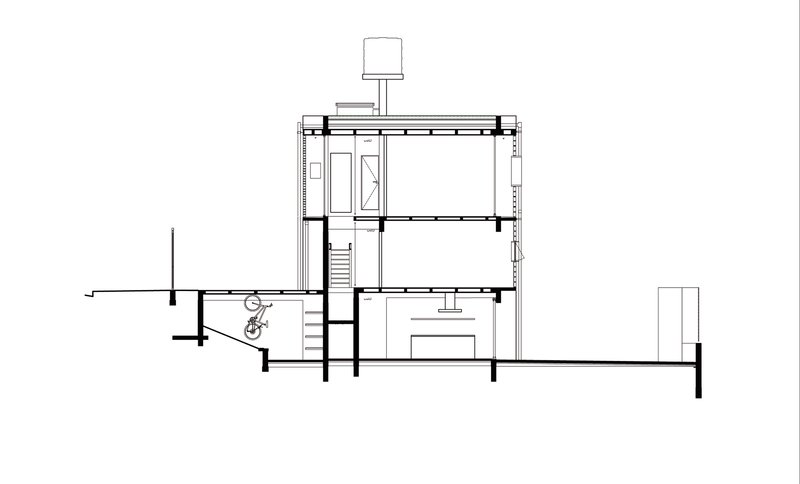 Section drawing showing living spaces across three levels with central stair and rooftop water tank